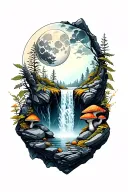 tiny world inside of a geode, nature, leaves, detailed, mushrooms, moon, rocks, waterfall tattoo design idea