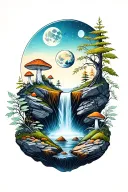 tiny world inside of a geode, nature, leaves, detailed, mushrooms, moon, rocks, waterfall tattoo design idea