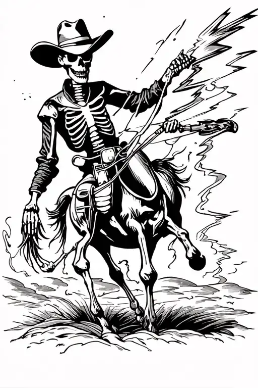 skeleton cowboy riding a lightning bolt lassoing a tornado tattoo design idea