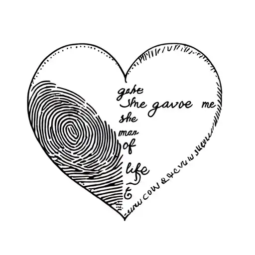 a heart consisting of a fingerprint on one half and an inscription on the other half - she gave me the meaning of life tattoo design idea