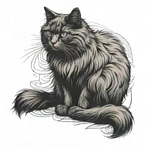 full length outline tattoo of a black fluffy cat sitting tattoo design idea