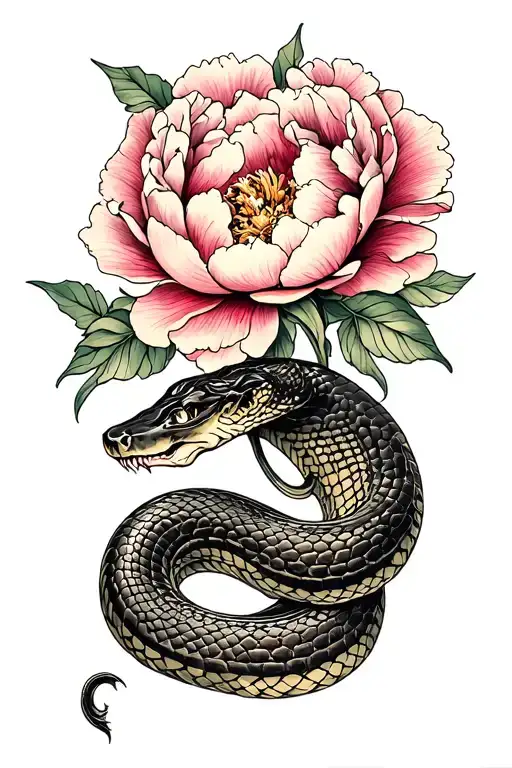snake intertwined in peony flowers tattoo design idea