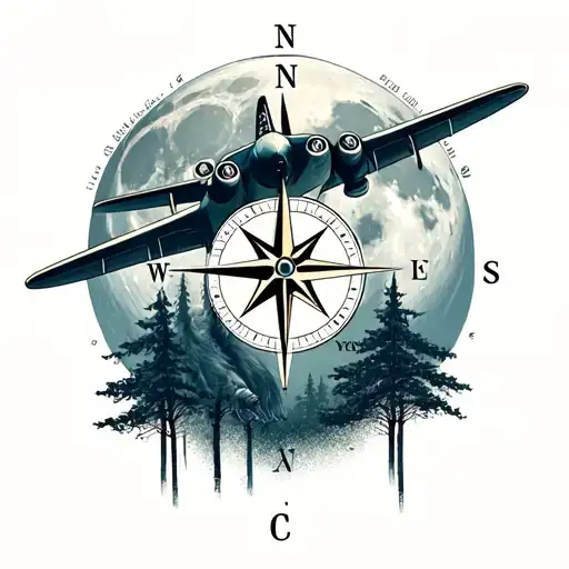 Airplane Roman numbers in the compass full moon and a forest with a lion tattoo design idea