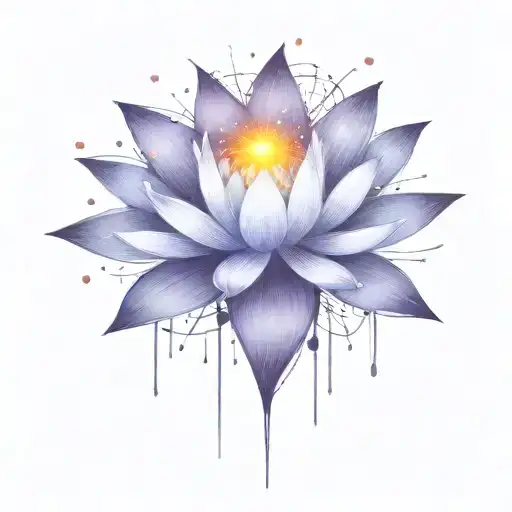 deep space themed objects and orbiting stars with trajectories around the lotus. dark colors, lexploding star in center  tattoo design idea