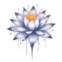 deep space themed objects and orbiting stars with trajectories around the lotus. dark colors, lexploding star in center  tattoo design idea