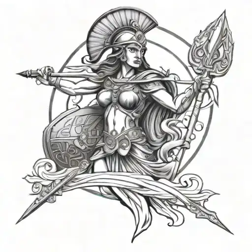 Athena goddess with helmet and spear defending tattoo design idea