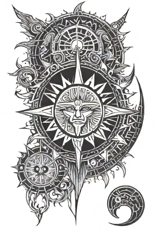 Sun with radiating rays, crescent Moon, and Raiju lightning beast, sharp geometric patterns symbolizing energy tattoo design idea