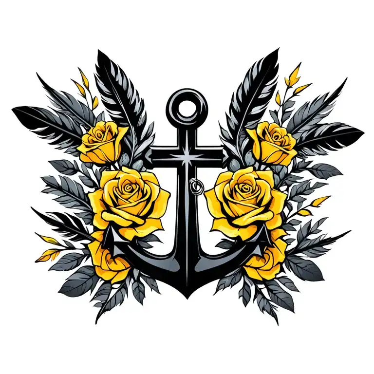 cross, anchor, yellow roses, feathers, branches tattoo design idea