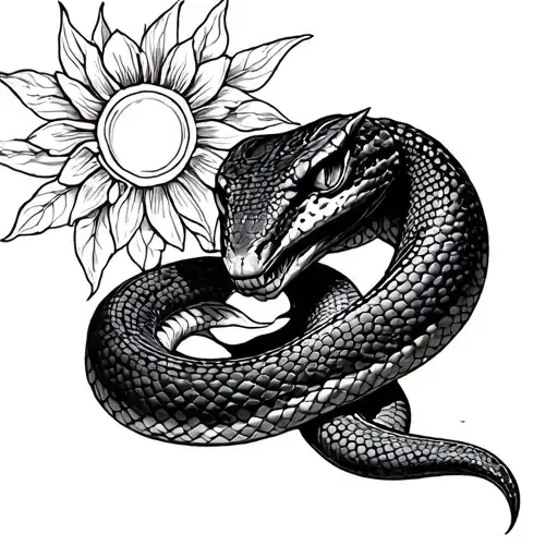 Two headed snake with one of the snakes beheaded in the sun with flora tattoo design idea