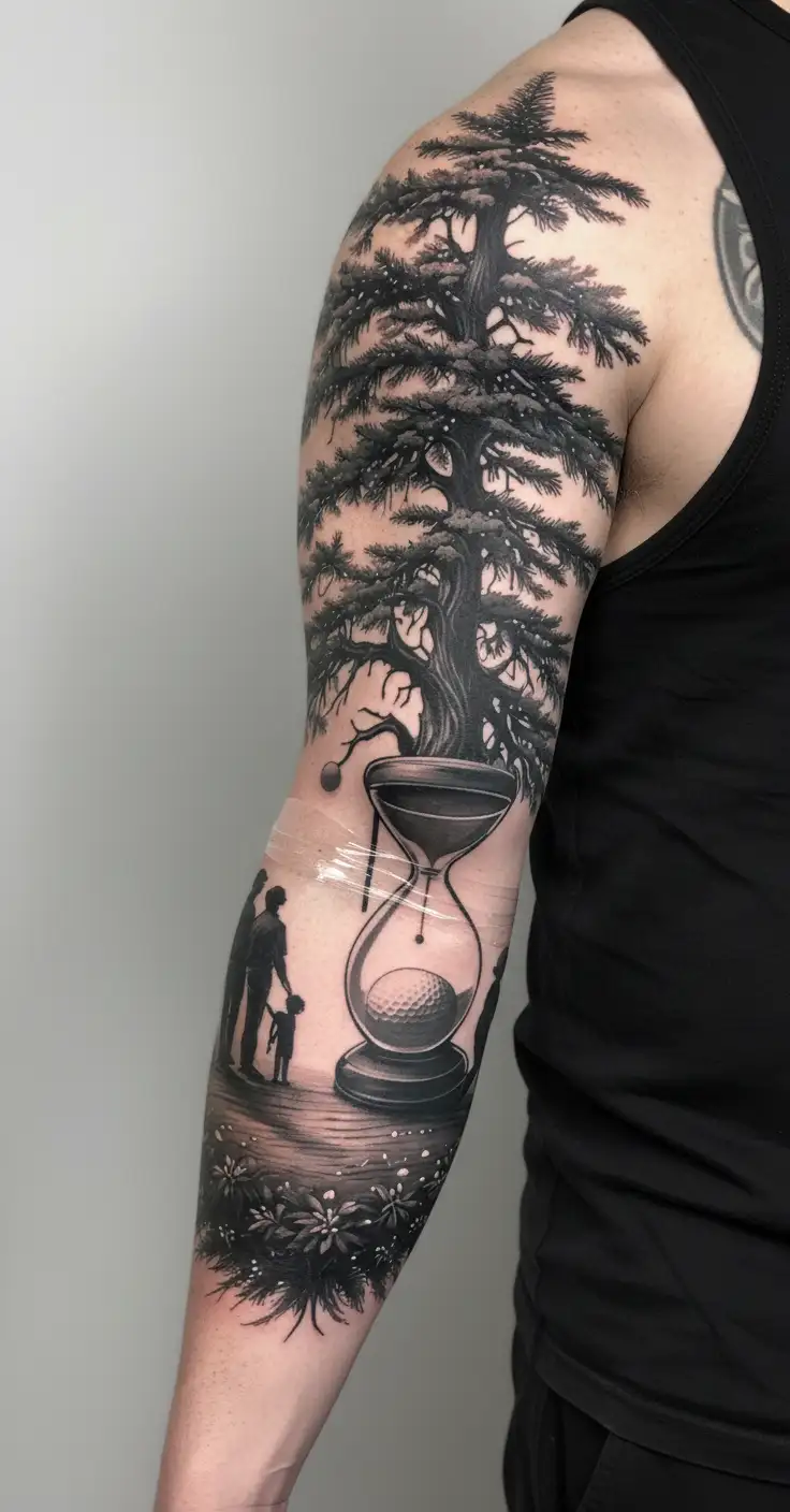 Pine forest wrap around and family tree and hour glass father with 3 kids and golf tattoo design idea