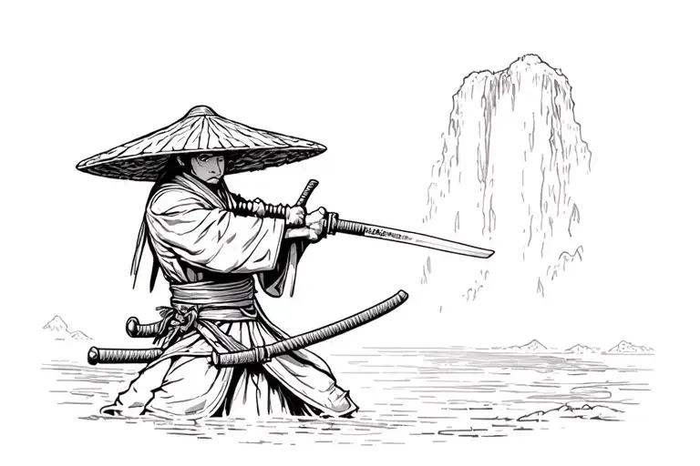 Japanese Ronin wielding katana and wearing strawhat back facing with waterfall behind tattoo design idea