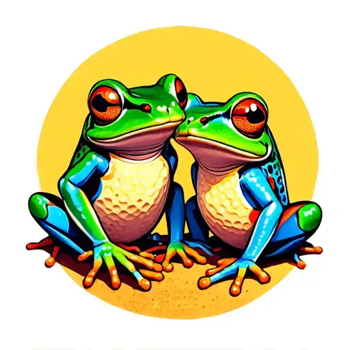 colorful tree frog couple, female does needlepoint, male golfs tattoo design idea