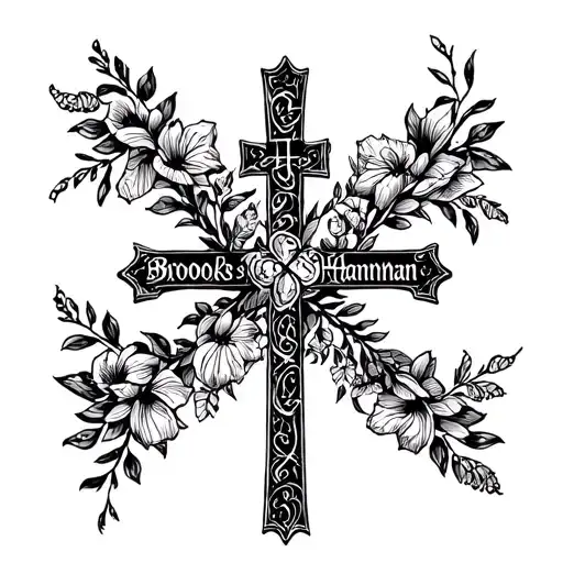 cross with Brooks and Hannah wife name tattoo design idea