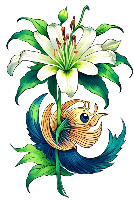 realistic spiderlily flower combined with pisces symbol  tattoo design idea