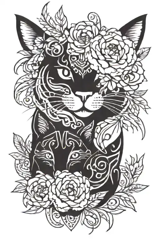 peonies and Whiskas cat face tattoo design idea
