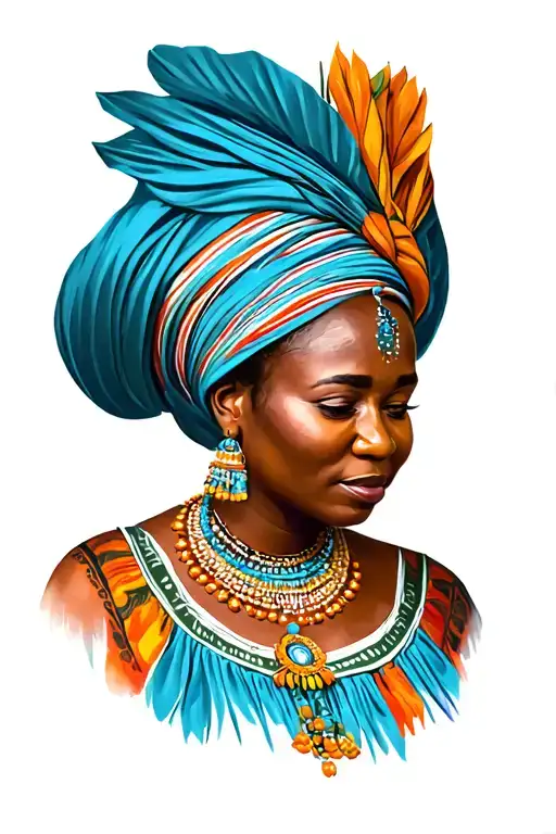 Portray a Mozambican woman exuding strenght, elegance and cultural heritage through her traditional attire and adornment tattoo design idea