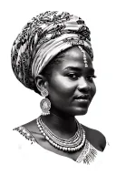 Portray a Mozambican woman exuding strenght, elegance and cultural heritage through her traditional attire and adornment tattoo design idea