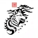 wolf with fish, a medlar tree behind and a chinese style dragon above tattoo design idea