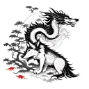 wolf with fish, a medlar tree behind and a chinese style dragon above tattoo design idea