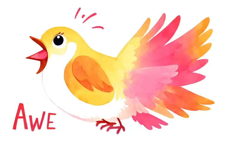 A cute cartoon bird it's shouting, saying the word 'AWE'  tattoo design idea