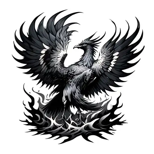 Phoenix tattoo with a dark, almost black plumage, flies out of ashes, formed by runes of Phoenix flame bright, with transitions tattoo design idea