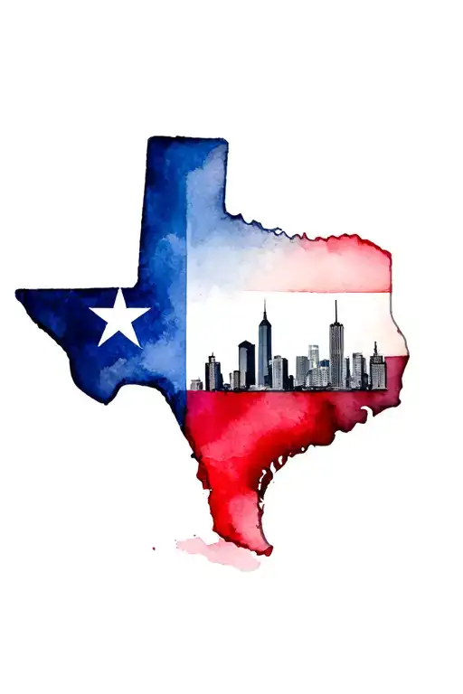 shape of the state of Texas with the Texas flag colors inside and the Dallas skyline  tattoo design idea