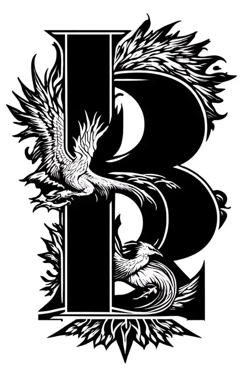 B letter with mountains rising Phoenix from fire tattoo design idea