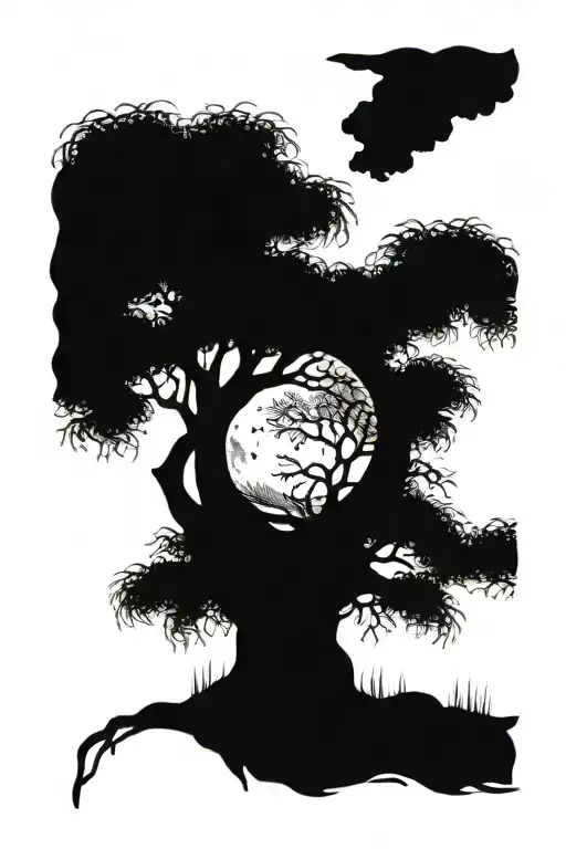 willow tree with moon surrounded tattoo design idea