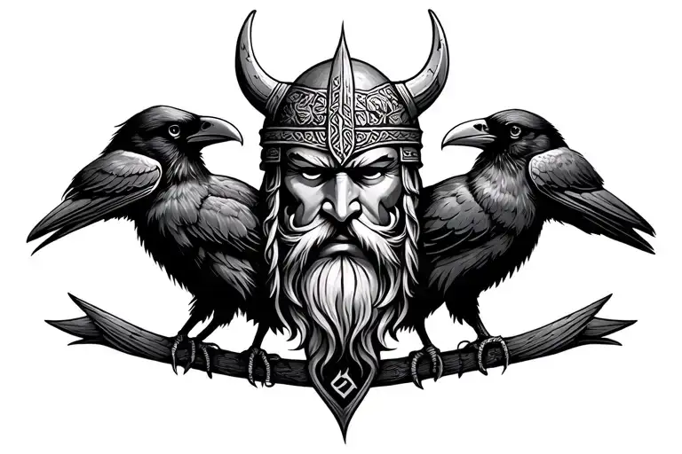 viking god odin mask with two ravens, runes, knotwork tattoo tattoo design idea