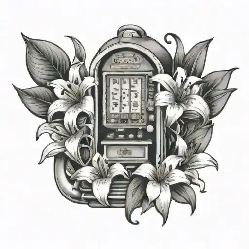 A half sleeve 777 slot machine with lilies growing out of it tattoo design idea
