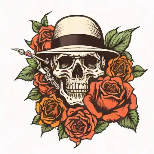 Mafia skull roses growing tattoo design idea