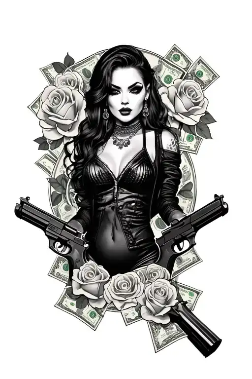 sexy ganster female with roses and guns money for my side tattoo design idea