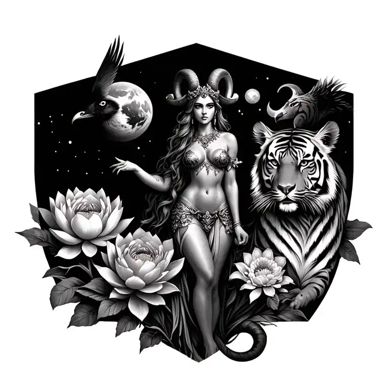 sexy aries goddess surrounded by lotus and peony flowers growing with a tiger and a hawk with mars in the sky tattoo design idea