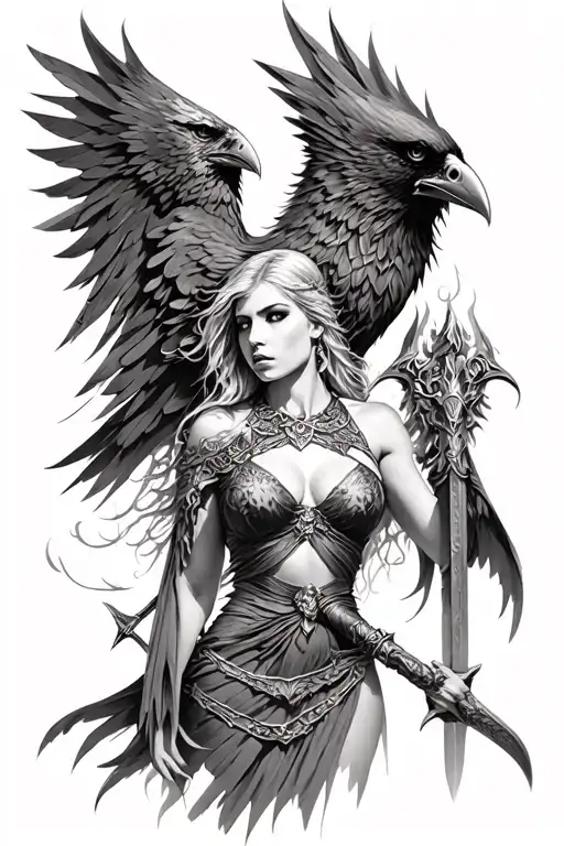 morrigan goddess of war with raven greyscale tattoo design idea