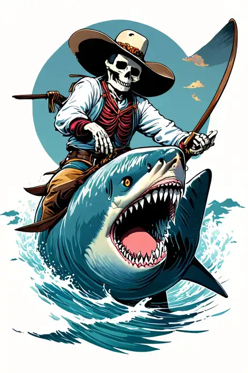 skeleton cowboy riding a shark swimming tattoo design idea