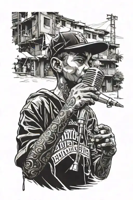 boy holding hip hop microphone entering the favela tattoo design idea