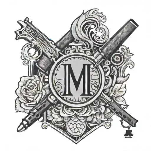 playing card with m4 rifles crossed inside and the initial D in the corners with a heart underneath the letter  tattoo design idea