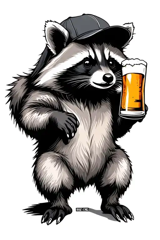Raccoon wearing backwards cap holding beer tattoo design idea