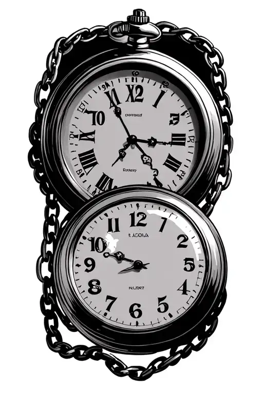 two pocket watches, showing 5:27 and 9:09, connected by a chain with hidden dates 1.5. and 23.6., with shading tattoo design idea