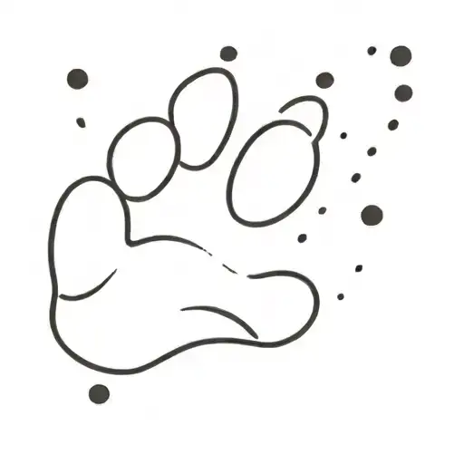 A minimalist outline of a cat's paw print with tiny paw prints trailing off into the distance tattoo design idea
