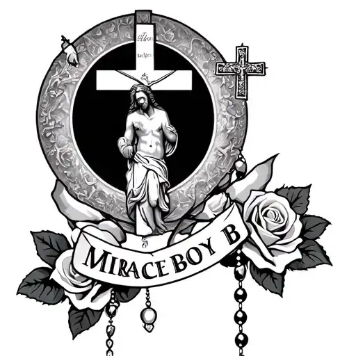 can u generate me a picture of a tattoo with the word miracle boy, with a cross and a rosary, with jesus and roses tattoo design idea