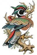 wood duck on bucks antlers tattoo design idea