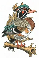 wood duck on bucks antlers tattoo design idea