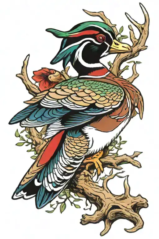 wood duck on bucks antlers tattoo design idea