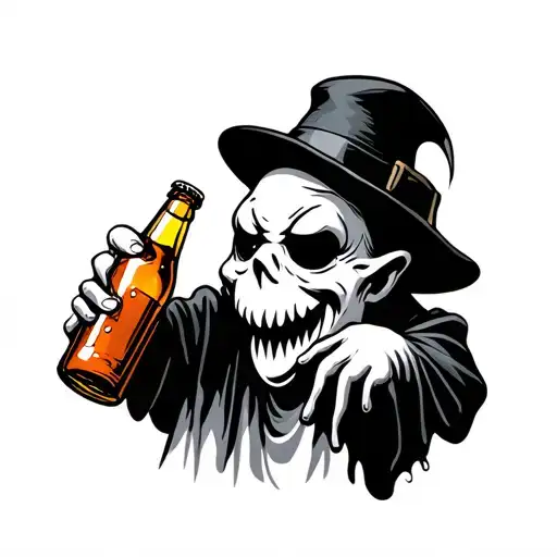 casper the ghost with a hat drinking a beer bottle tattoo design idea