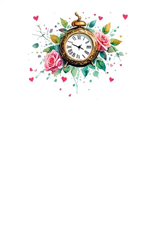 exploding clock surrounded by its internal parts, roses, leaves, and hearts  tattoo design idea