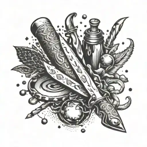 An intricate dotwork tattoo of a cook's knife morphing into a magical wand, with DnD dice and potion bottles scattered around tattoo design idea