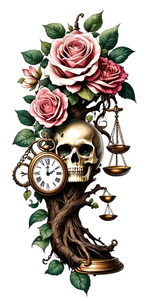 family tree, rose intertwined, evil eye, skull, scales, truth, pocket watch, hour glass tattoo design idea