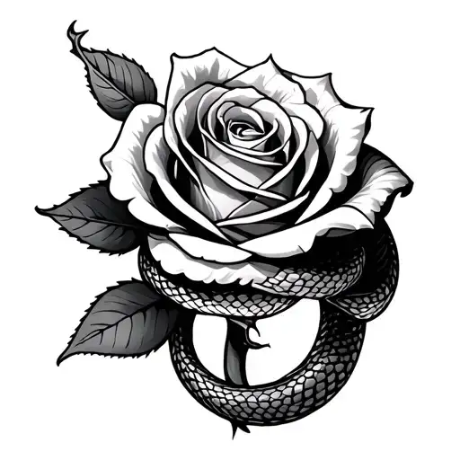 open rose with snake a wrapped around it tattoo design idea