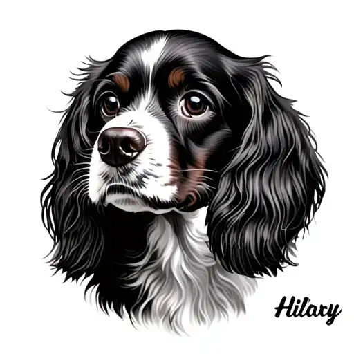 Hilary name tattoo, black cocker spaniel dog tattoo design idea